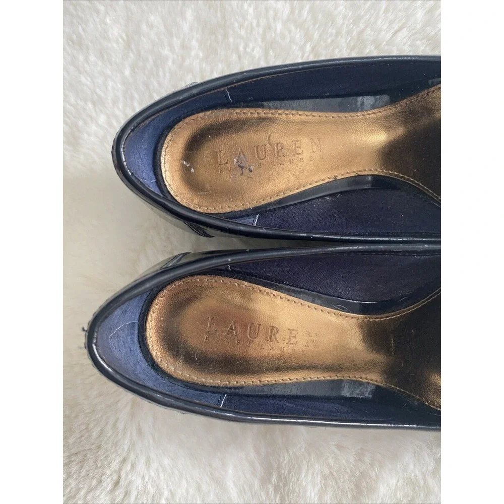 Lauren‎ Ralph Lauren Navy Patent Leather Wedge Loafer Pumps Gold Hardware 6B